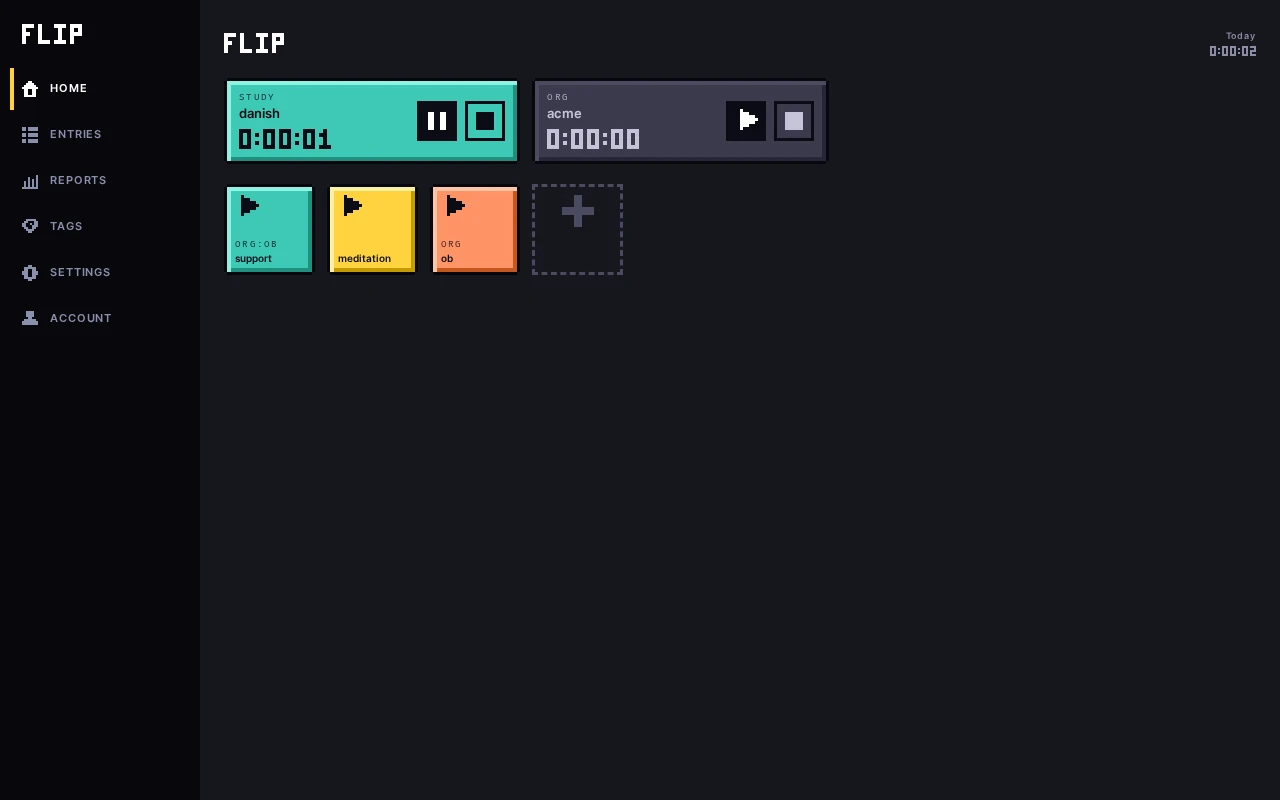 Level 1, timers for anything: the Flip home screen with a running timer, a paused timer and colored tiles for the tags you use most.