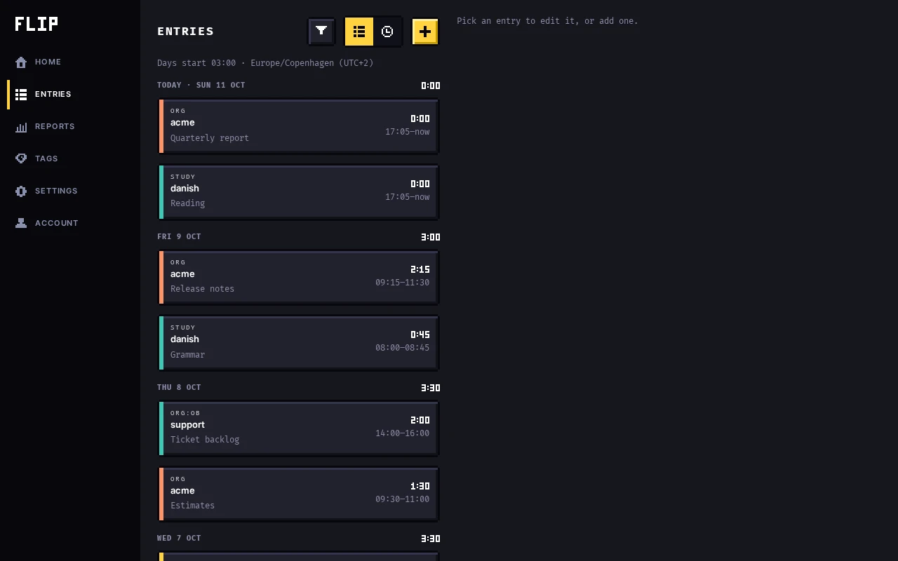 Level 2, your days: the entries grouped by day, each with a colored stripe, its tag, note, time range and duration.