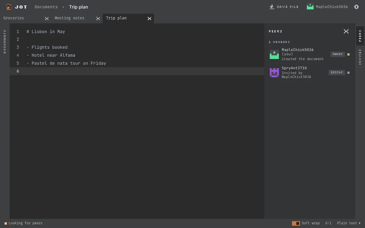 Level 2, a document that is yours: the Jot editor with a trip plan in a tab, a Save file button, the Peers window listing the owner and an invited editor, and a status bar saying it is looking for peers.