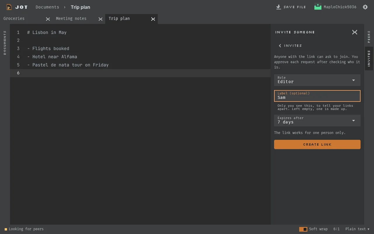 Level 3, invite by link: the invite form in the Invites window with a role, a private label, an expiry and a Create link button for a single-use link.