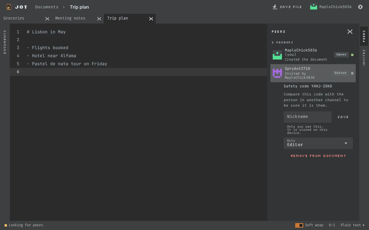 Level 4, check who is who: an invited member in the Peers window opened to show a safety code to compare in another channel, a private nickname, their role and a button to remove them.
