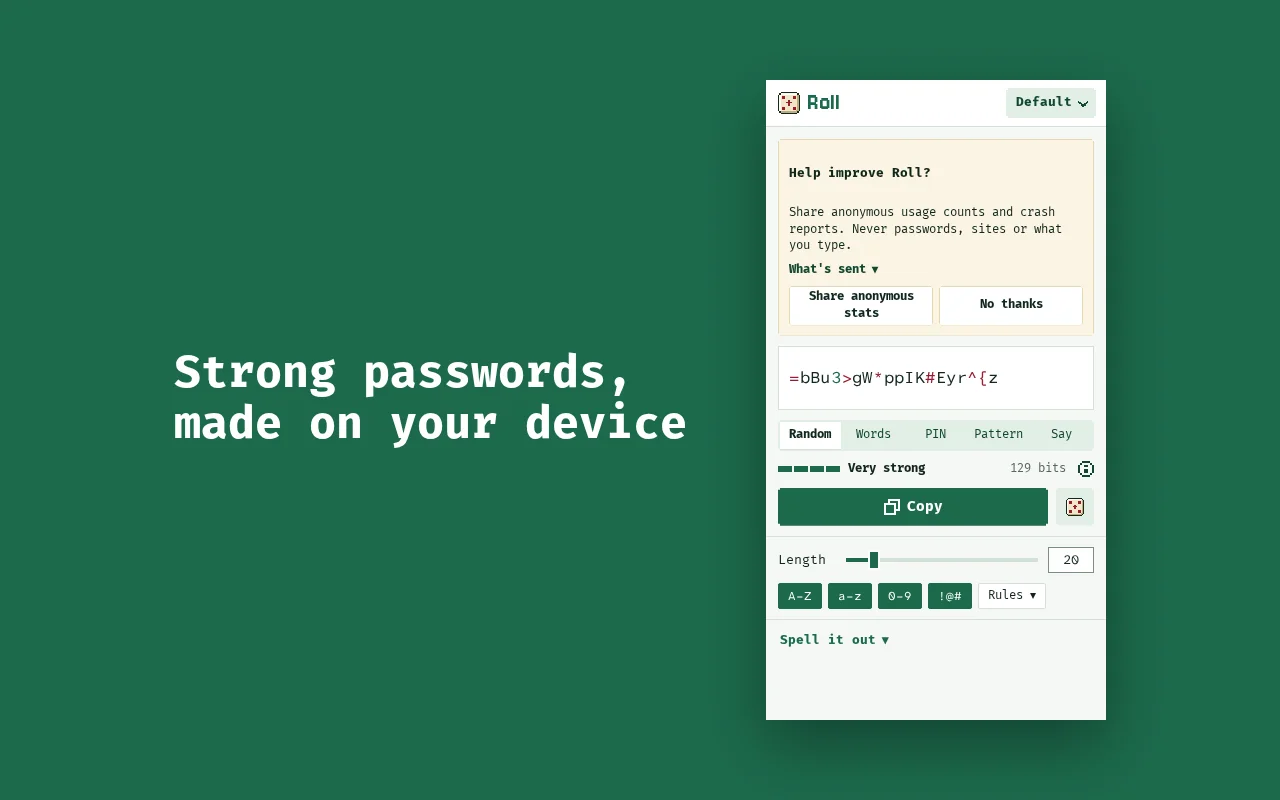 Level 1, a password in one click: the Roll popup with a new random password, a Very strong meter and a Copy button.