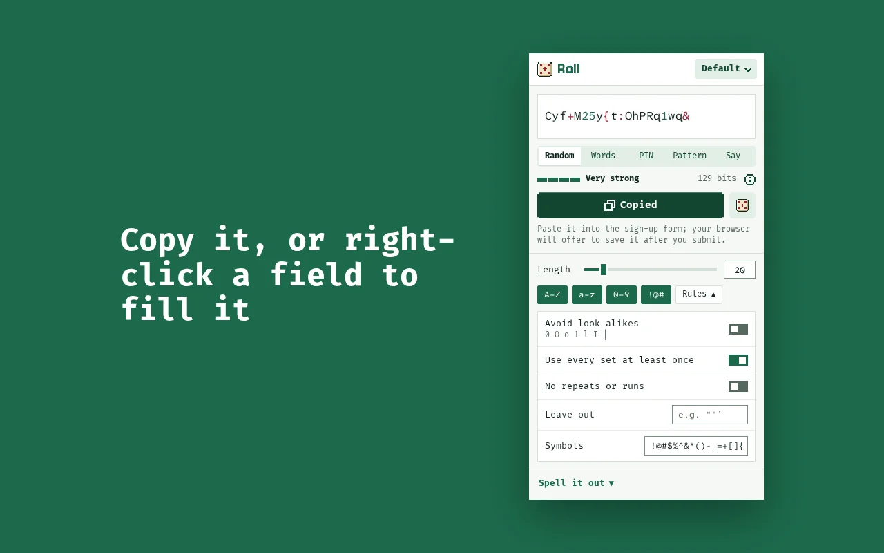 Level 2, copy it or fill it in: the password copied, with the rules for look-alikes, repeats and symbols open.