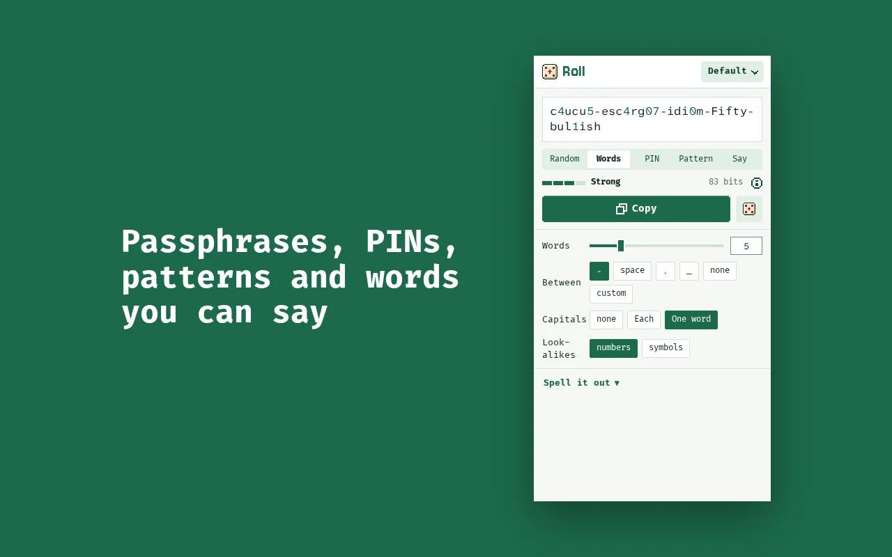 Level 3, words, PINs and patterns: a passphrase of five words with numbers swapped in for look-alike letters.