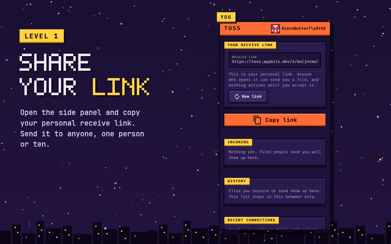 Level 1, share your link: the Toss side panel with your personal receive link and a Copy link button.