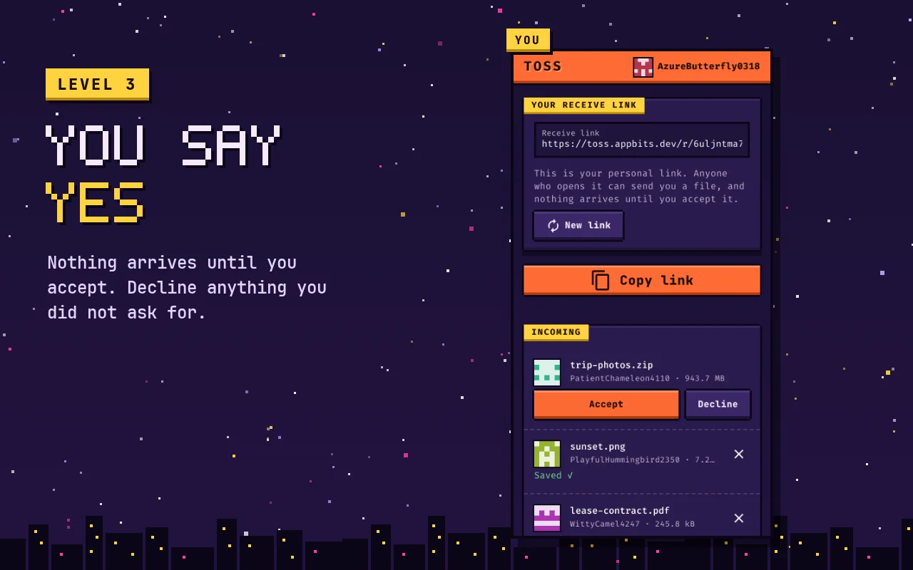 Level 3, you say yes: the incoming file with Accept and Decline buttons.