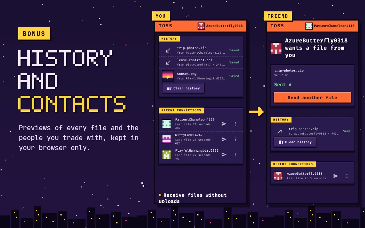 Bonus, history and contacts: the received file in your history and your friend in recent connections.